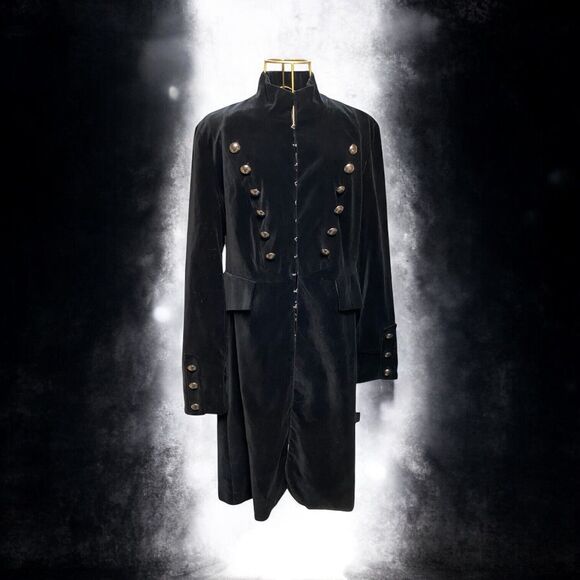 Brandon Thomas Sz 12 Black Velvet Long Coat Military Gothic Steampunk Victorian - Picture 1 of 16